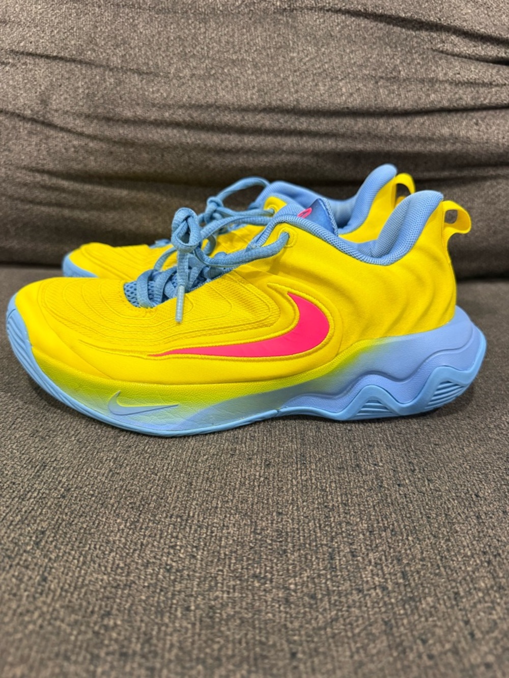 Nike Kids Bright Yellow and Light Blue Sneakers with Pink Swoosh